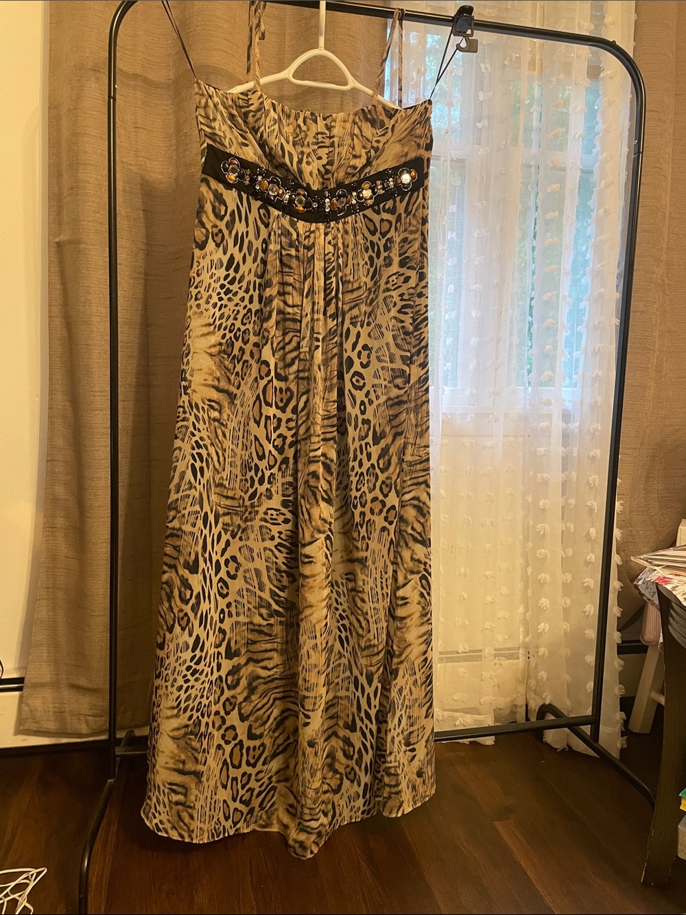 Embellished Animal-Print Maxi Dress in Beige and Black